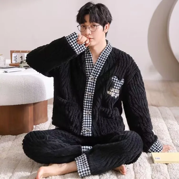 珊瑚绒男睡衣开衫V领和服加绒加厚保暖冬季可外穿家居服男士套装
