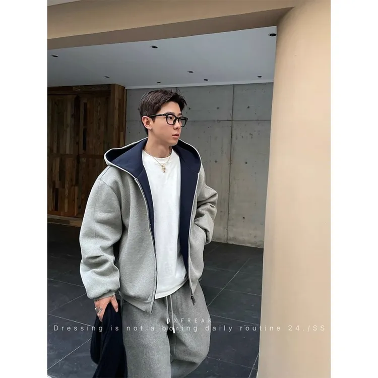 加大码300斤美式潮牌cleanfit开衫卫衣男装早秋宽松廓形情侣帽衫