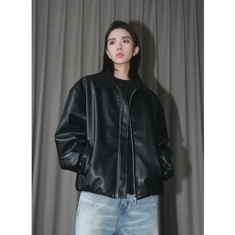 美式复古美拉德内里撞色皮衣休闲百搭宽松潮流情侣夹克外套