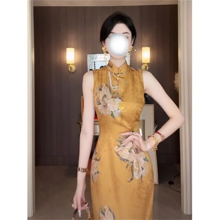 金韵芳华新中式国风旗袍春夏款复古气质黄色无袖印花年轻款连衣裙