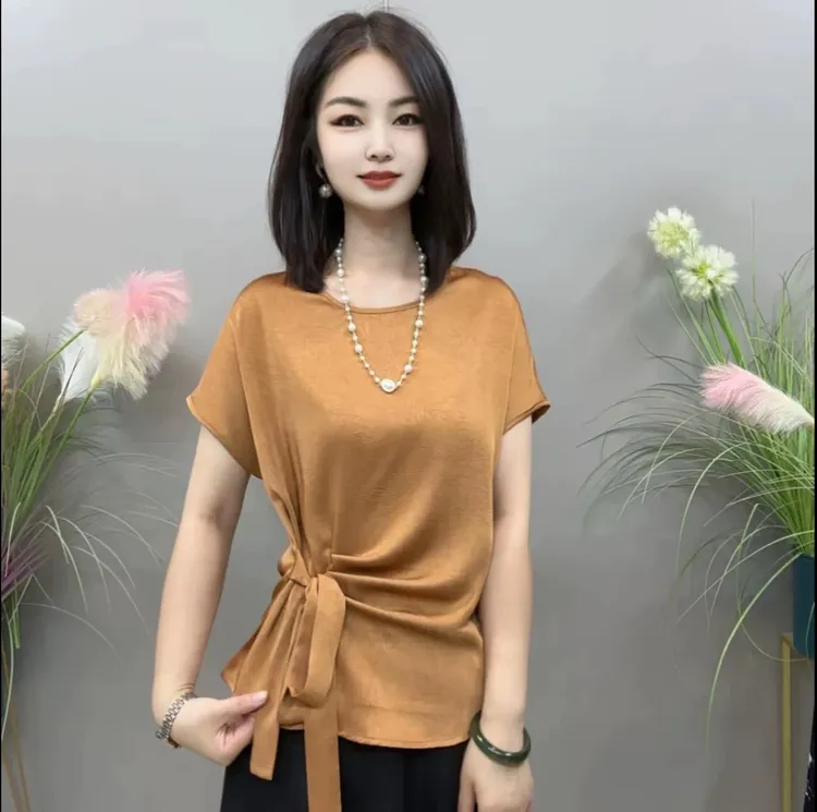 醋酸缎妈妈时尚百搭衬衫新款落肩袖减龄小衫大码宽松T恤上衣