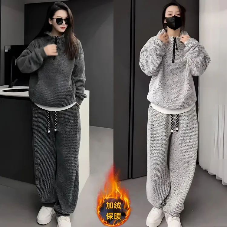 秋季新款重磅慵懒风斜纹连帽休闲套装男士痞帅时尚卫衣卫裤两件套