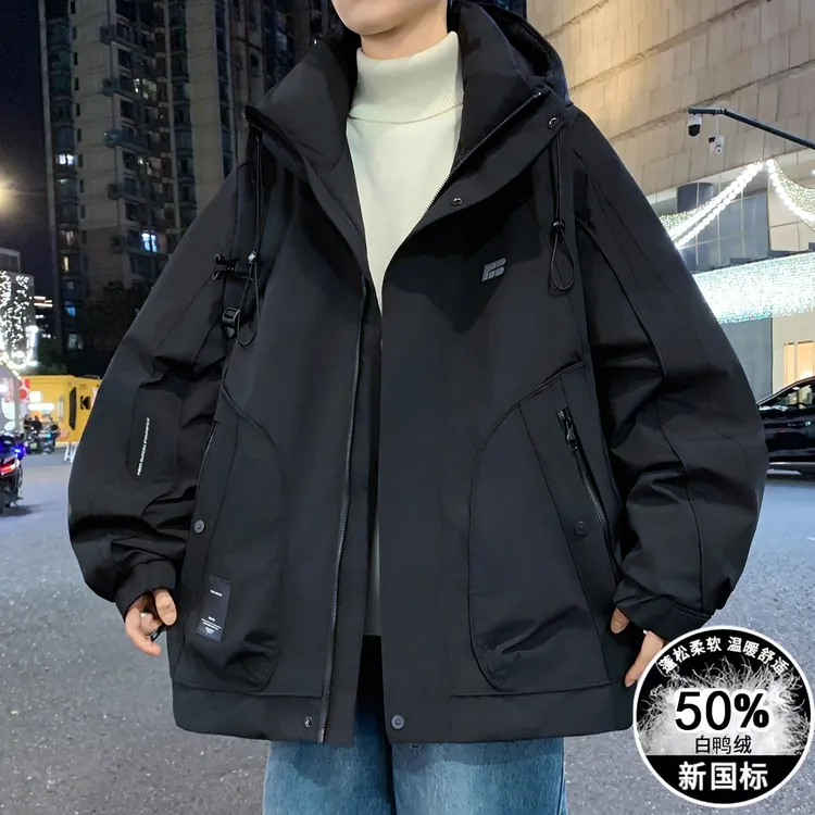 冬装新款青少年时尚连帽潮牌羽绒服港风宽松学生帅气羽绒派克服