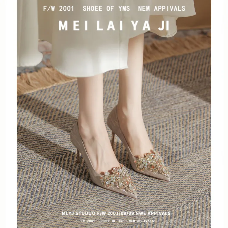 意美丝水晶高跟鞋女婚鞋禾秀婚纱两穿2025新款香槟色订婚鞋新娘鞋