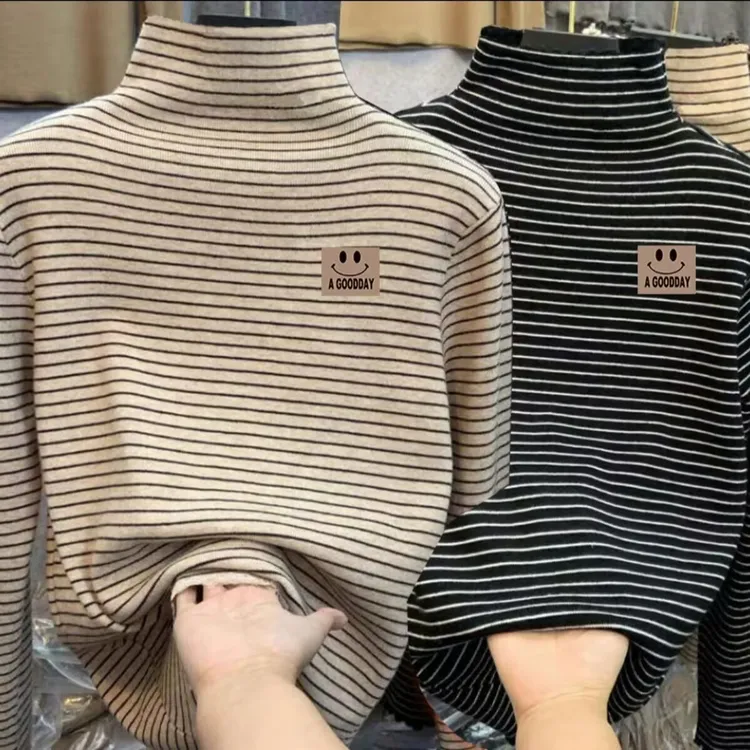 男女童德绒内搭打底衫秋冬款中大儿童半高领长袖T恤条纹卡通上衣