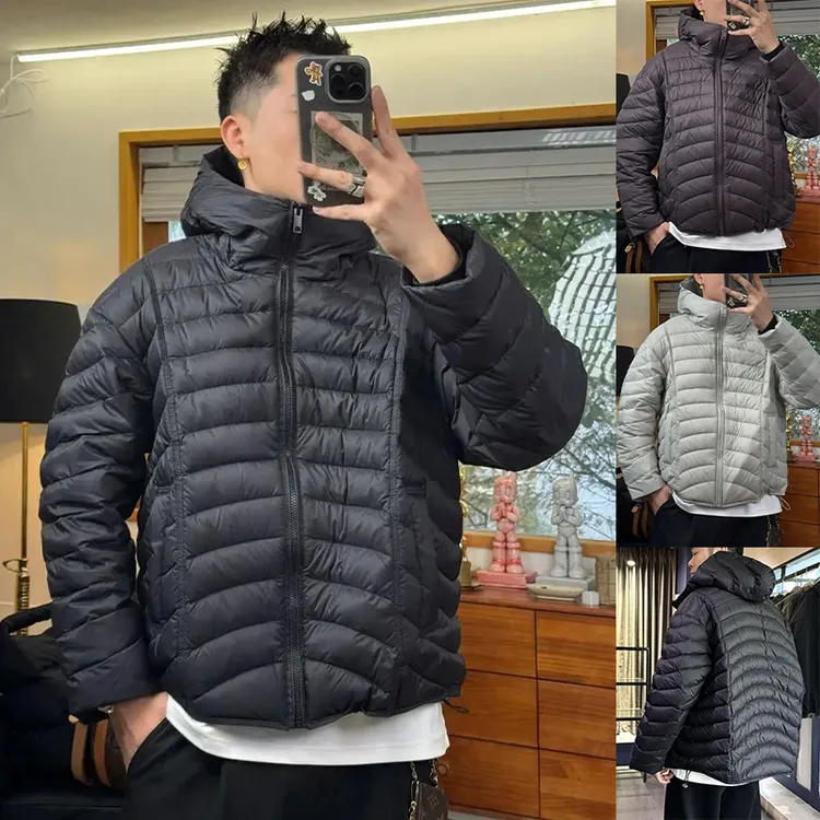 冬季户外排骨羽绒服男士休闲简约连帽保暖外套龟背宽松白鸭绒夹克