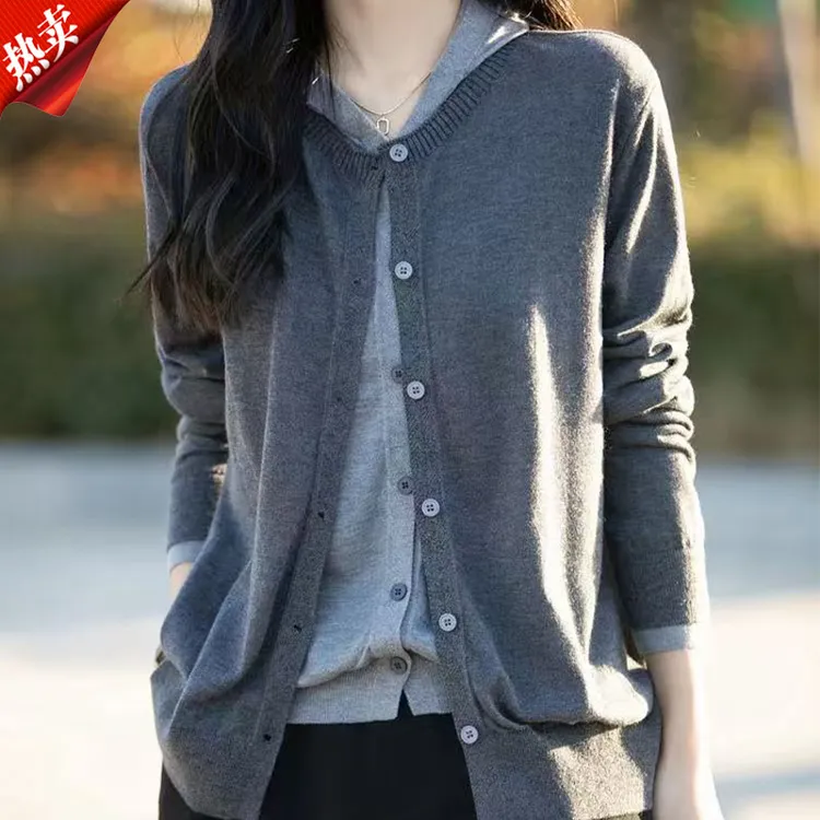 【原版正品】羊毛衫女高级感撞色假两件连帽针织开衫外套减龄上衣潮