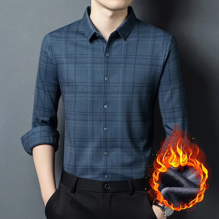 长袖加绒加厚款冬季中老年男士条纹衬衫秋冬高弹百搭时尚爸爸衬衣