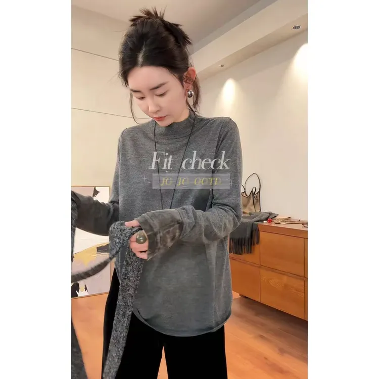 玖了个玖 2025冬款 极简百搭立体双圆领丝绒袖口拼接T恤2511C7446