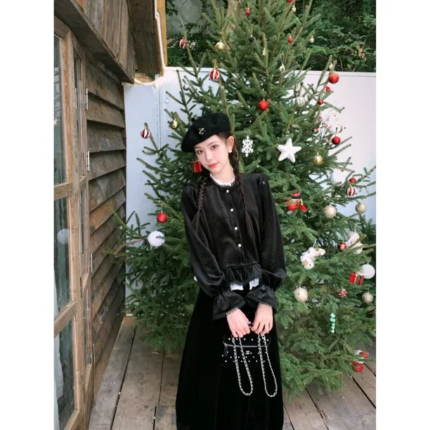 赵小小【安妮心事】9618 韩系蕾丝拼接丝绒长袖衬衫2025荷叶边上衣