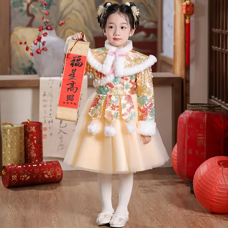 冬季女童过年喜庆拜年服复古中国风唐装女宝宝气质超仙表演裙子