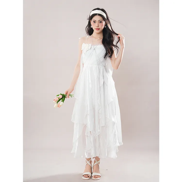 2025新款爆款洋气夏季月光白裙海边仙女白月光感亮纱雪纺长裙子