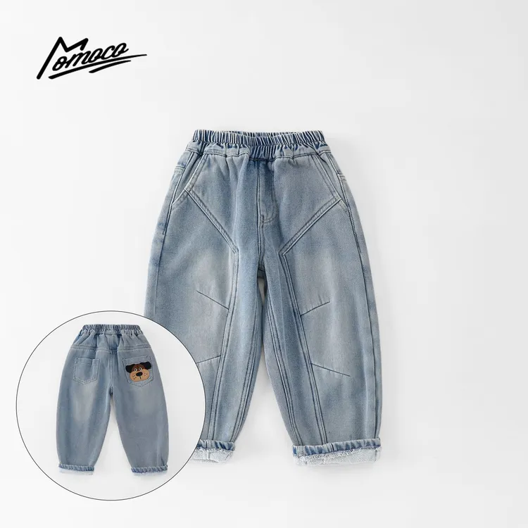 MOMOCO男童加绒牛仔裤2025冬季中大童小狗保暖长裤潮77430350024