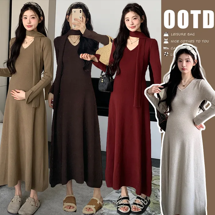 孕妇装秋装2025新款秋冬外穿大码洋气简约v领高级感显瘦连衣裙女