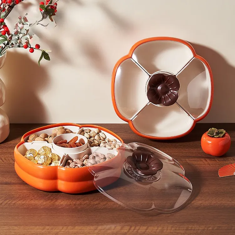 糖果盒新年坚果零食盘中式柿柿如意分格果盒带盖坚果盒糖果收纳盒