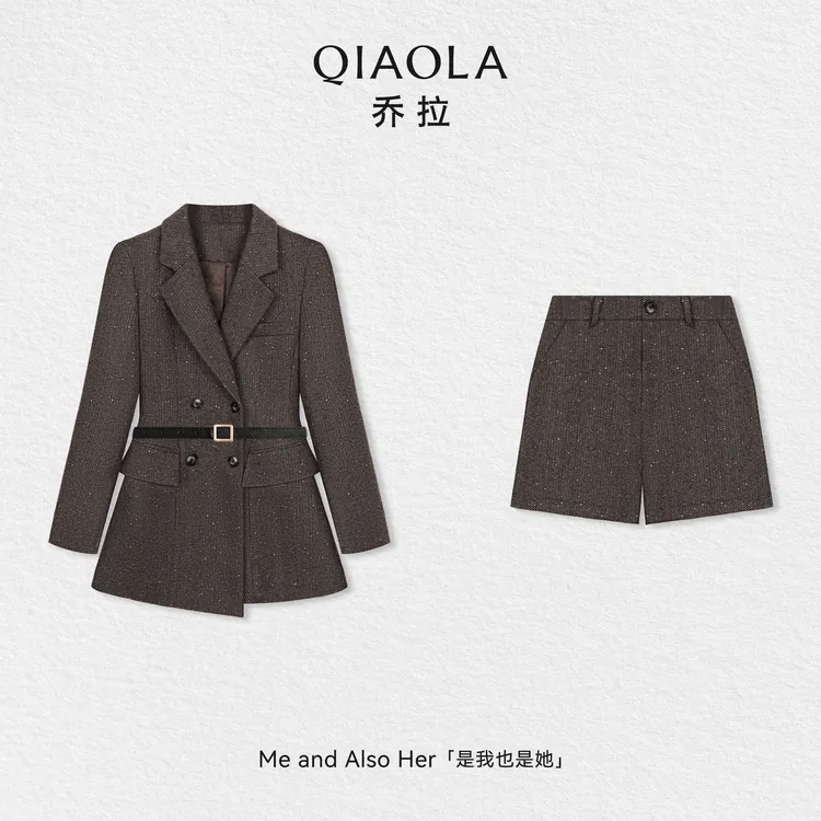 QIAOLA/乔拉【复古报刊】秋冬羊毛人字纹斜纹梭织翻领西装外套短裤