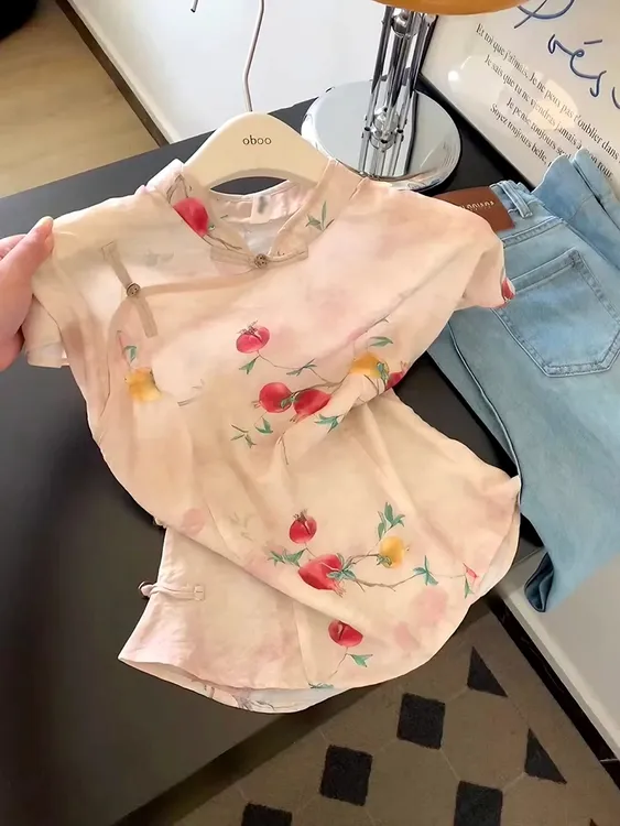 粉色新中式国风甜美印花盘扣衬衫女夏季时尚气质收腰显瘦上衣小衫
