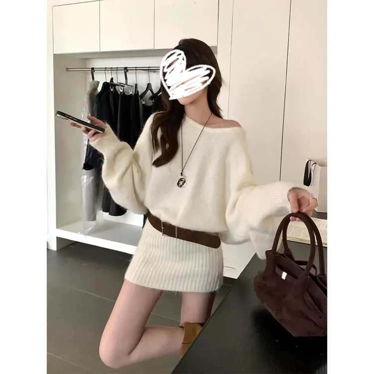 韩系氛围感绿色显白斜肩正肩2穿蝙蝠袖毛衣连衣裙22593#