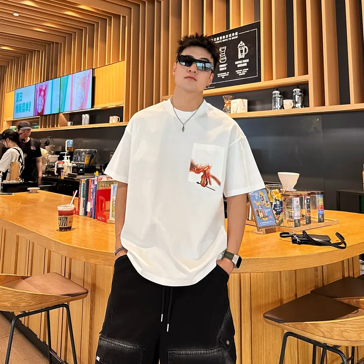 夏季简约百搭潮流个性趣味印花设计男士纯棉透气宽松新款短袖T恤