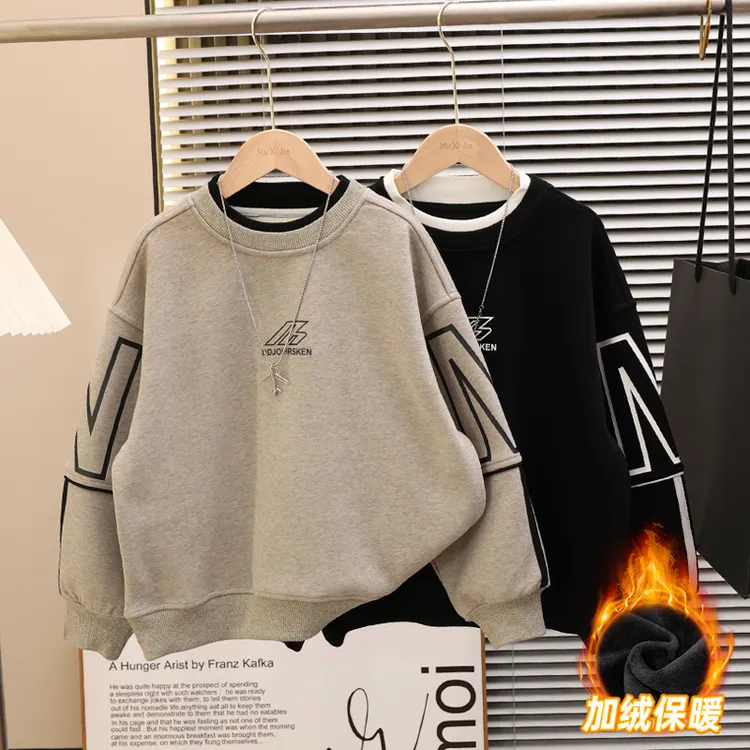 男童冬装撞色加绒卫衣2025新款大儿童加厚一体绒上衣保暖运动潮酷