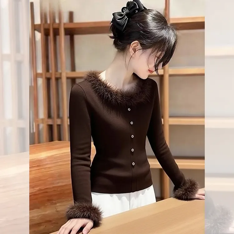 独特漂亮内搭咖色毛领针织小衫毛衣外套女秋冬洋气百搭开衫上衣服