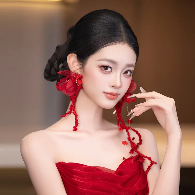 非金属布艺耳饰 复古红夸张耳饰不规则娟纱流苏新娘旗袍礼服配饰