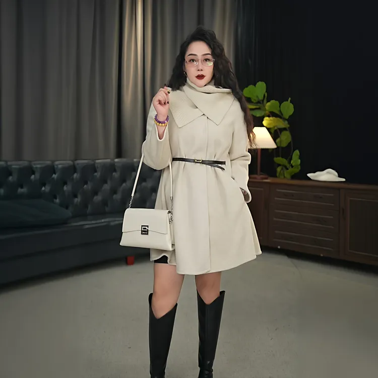 伊馨大码2025秋冬时尚气质修身显瘦可拆卸斗篷中长款毛呢外套大衣