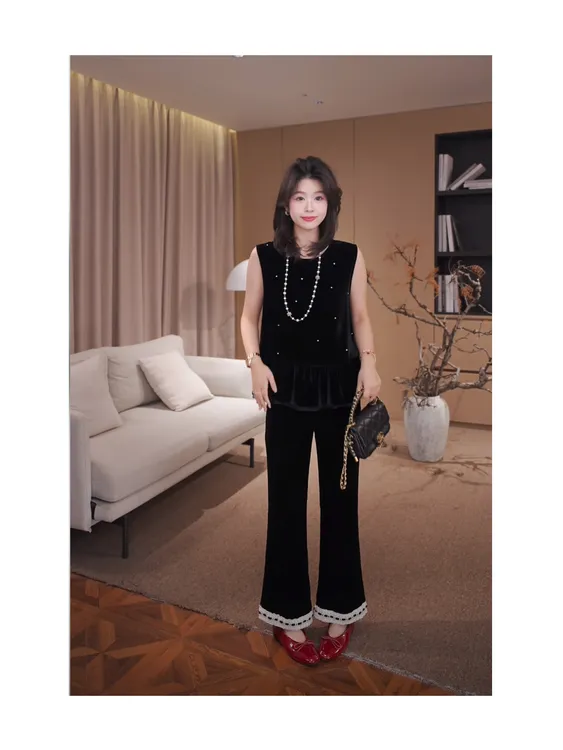 广州琴姐【夜宴星云】真丝丝绒显瘦高腰直筒喇叭九分裤子女夏4980