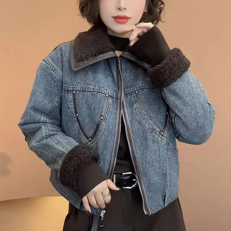 羊羔毛领夹棉牛仔外套女2025秋冬款欧版时尚保暖洋气百搭短款上衣