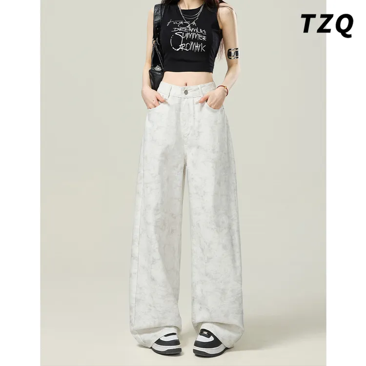 浅色设计感2025夏款牛仔裤女印花阔腿宽松直筒拖地裤子TZQ2540834