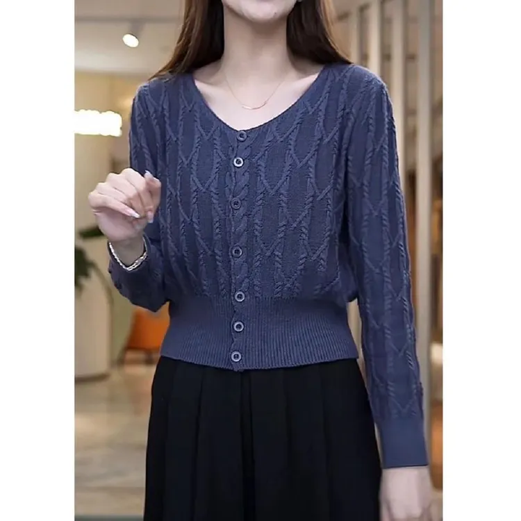 专柜上衣剪标尾货原单针织开衫外套外贸女装秋冬文艺拼接针织开衫