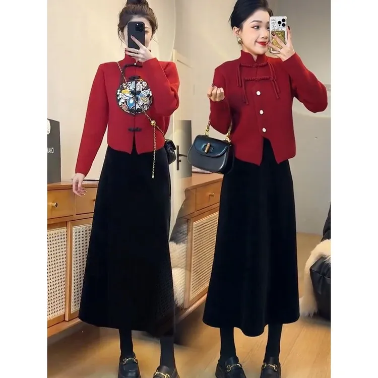 新中式盘扣刺绣毛衣半身裙套装女2025冬季国风气质时尚百搭两件套