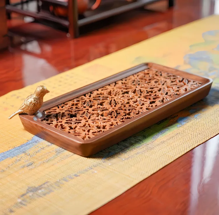 鸟语花香中式简约高端核桃复古泡茶盘手工长方形小型茶具托盘家用