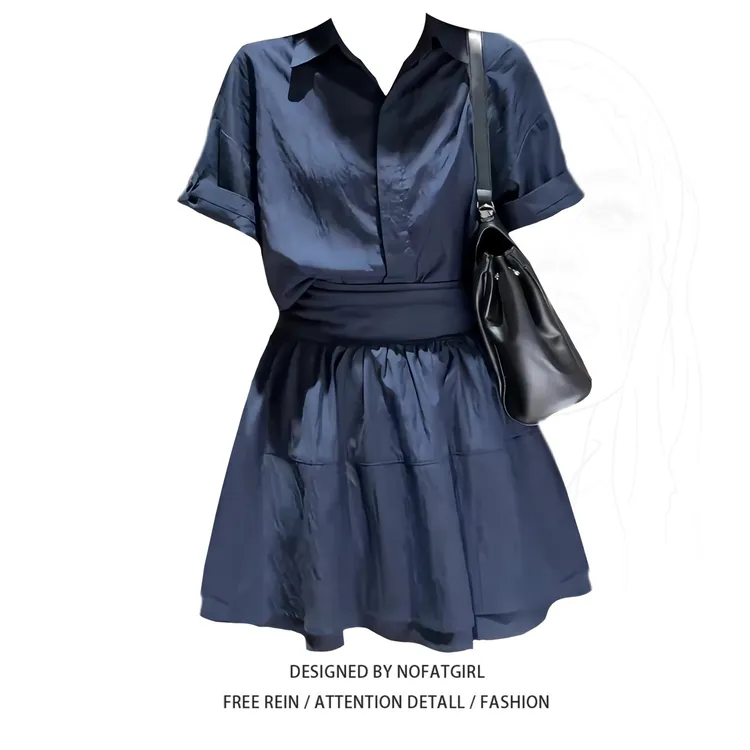 大码胖妹妹韩系polo领衬衫女+a字短裙夏季新款收腰遮肉减龄两件套