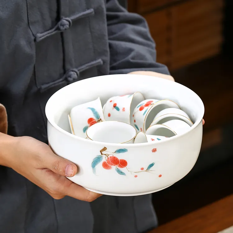 手绘釉下彩描金陶瓷茶洗杯洗家用功夫茶具杯茶杯收纳盆茶孟大茶碗