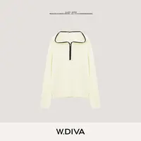 W.Diva【黑白间】春季绵羊毛高克重舒适连帽拉链针织衫3Z0324017