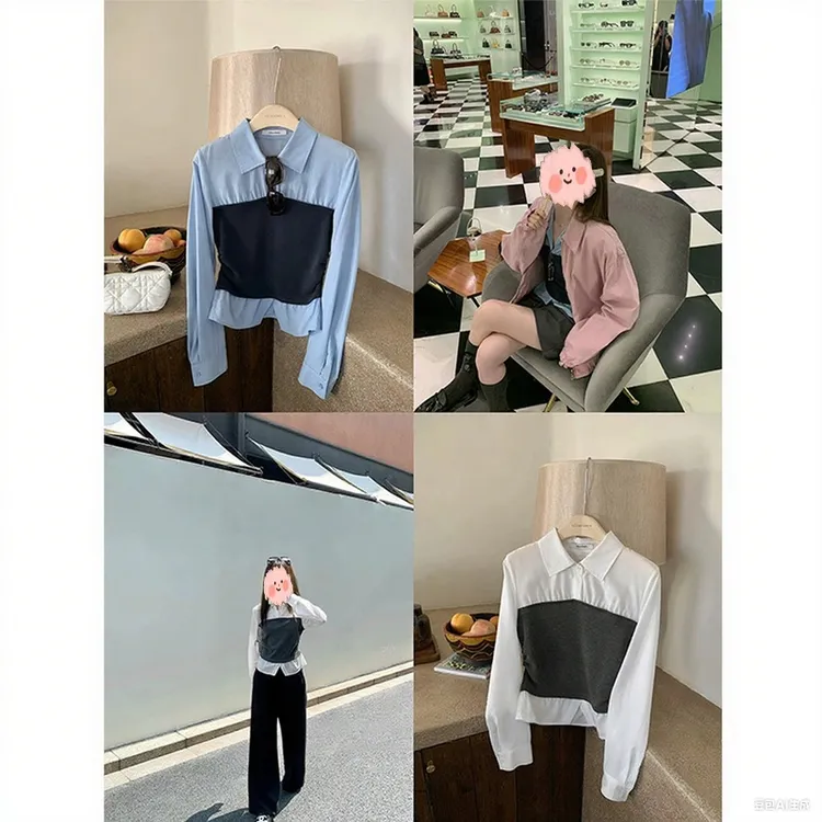 2025秋季新款时尚气质百搭显瘦蓝色假两件收腰翻领长袖衬衫上衣女