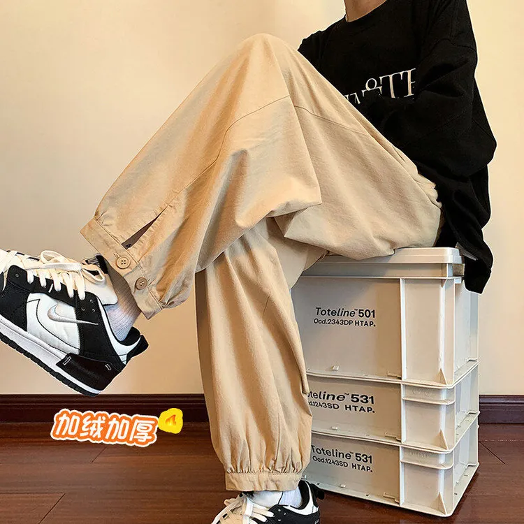 日系复古oversize裤子男纯棉加绒卡其色工装裤九分束脚阔腿灯笼裤