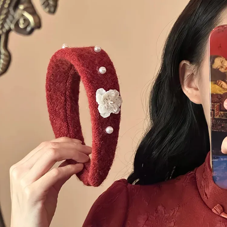 红意花浓~复古红色毛呢发箍女2025新款高颅顶头箍头饰