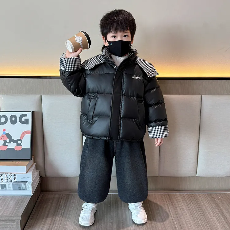 男童棉服加绒加厚冬装2025新款痞帅儿童拼格棉衣冬季男宝宝外套潮