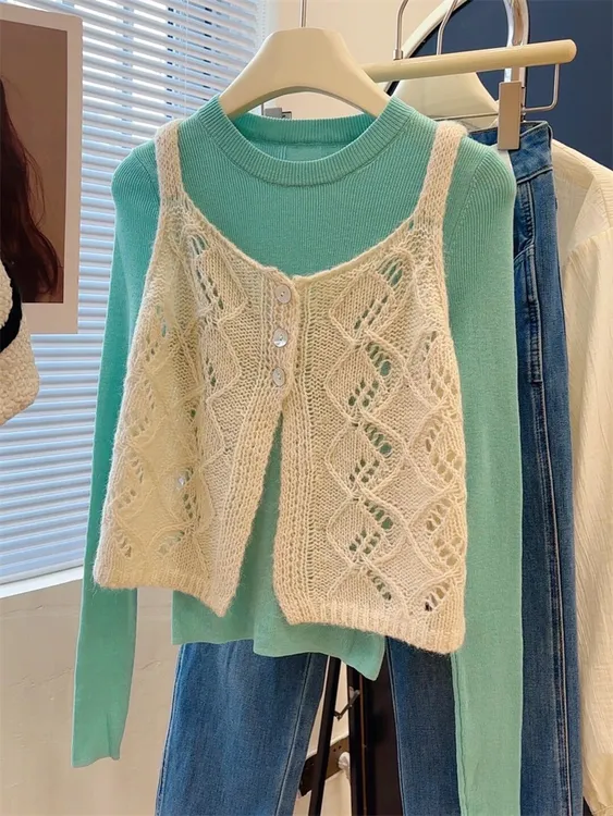 一整套ootd穿搭超火春装套装女镂空针织马甲内搭上衣叠穿两件套