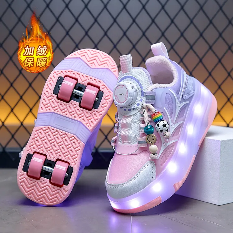 女童暴走鞋加绒运动鞋5-12岁亮灯充电学生冬季新款滑轮鞋子男童鞋