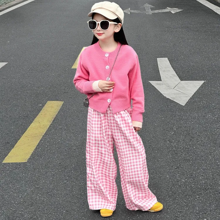 女童2025新款韩系时尚穿搭甜美休闲假两件毛衣宽松格子阔腿裤套装