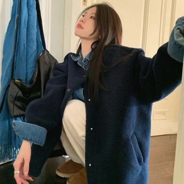 宽松型实拍秋冬羊羔毛立领皮毛一体保暖短款纯色外套女休闲上衣潮