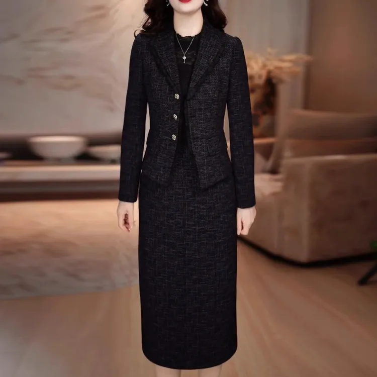 左曼小香风时尚套裙女2025新款秋显瘦轻奢妈妈装外套连衣裙两件套