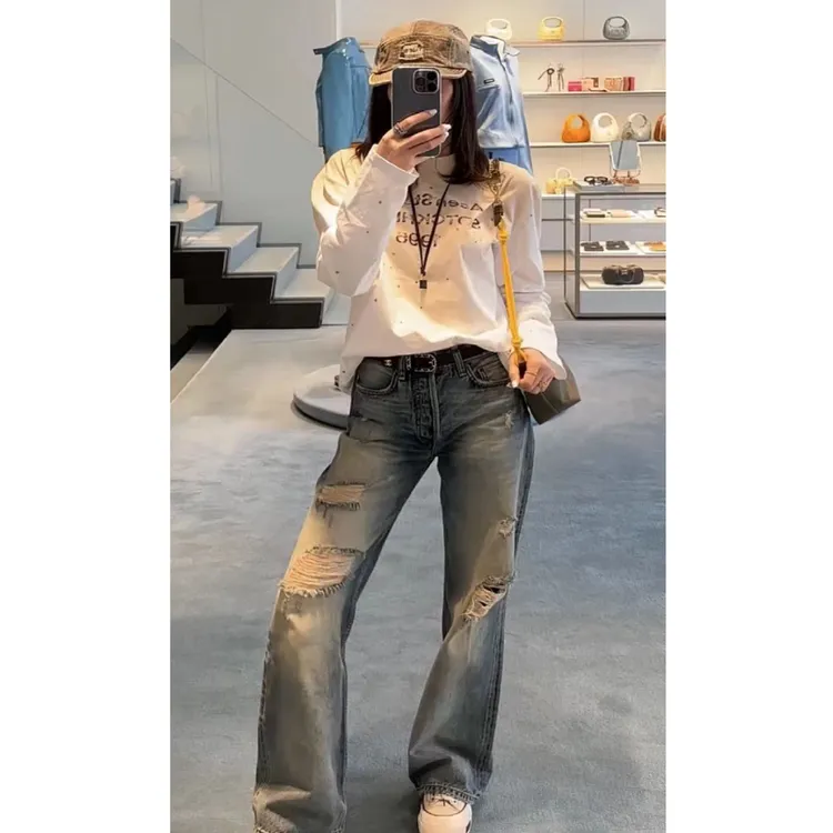 春季高腰显瘦大码百搭宽松时尚阔腿潮流水洗做旧破洞牛仔裤