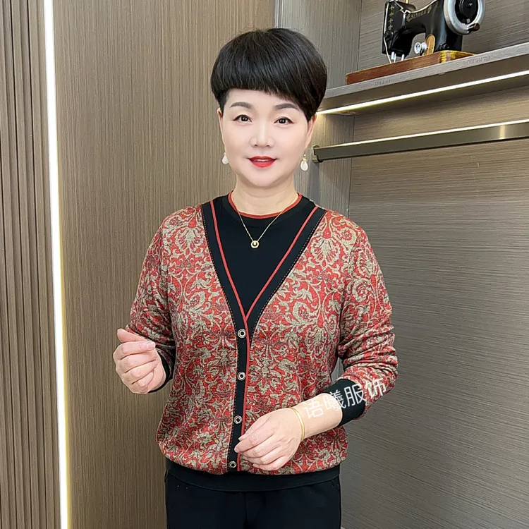 常规款轻职风时尚秋季中老年女装圆领长袖假两件上衣F8805-2
