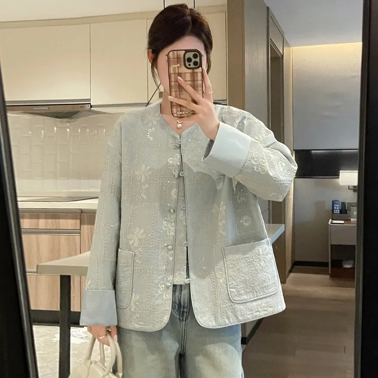 新中式国风刺绣衬衫外套女士2025秋季新款宽松显瘦中长款棉麻上衣