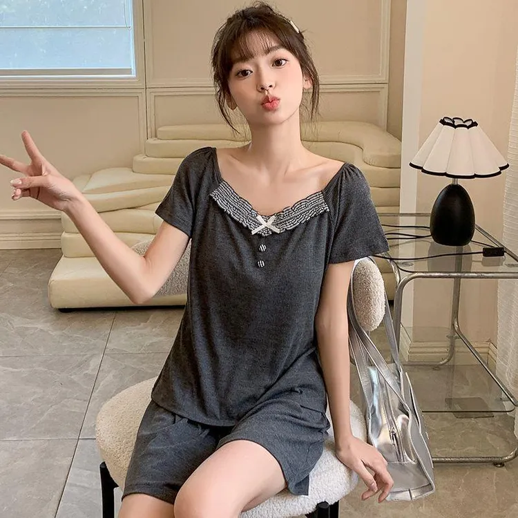 GPSUNLU韩版简约ins风睡衣少女风夏季短袖短裤带胸垫可外穿家居服