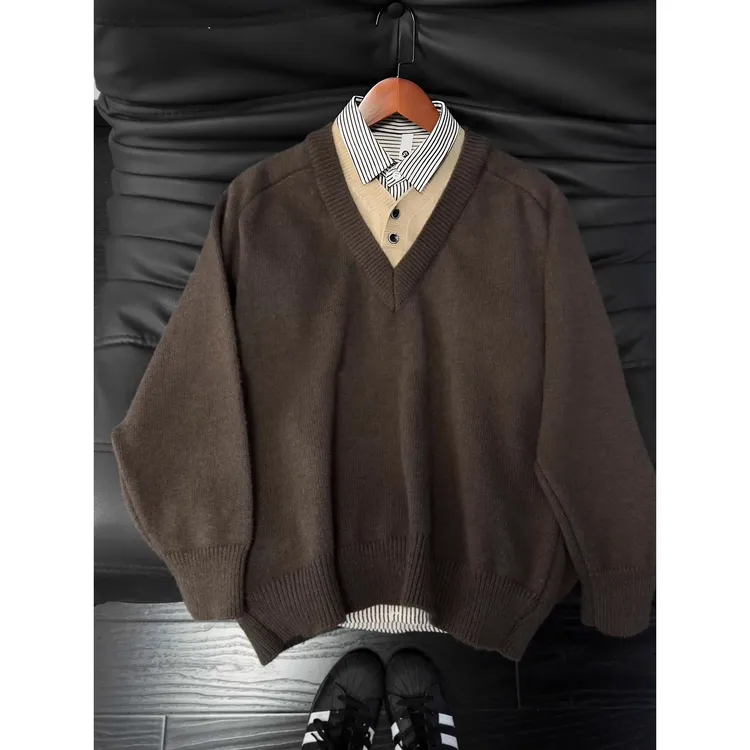 老钱风假两件v领毛衣男生冬装美拉德慵懒针织衫加厚美式复古外套
